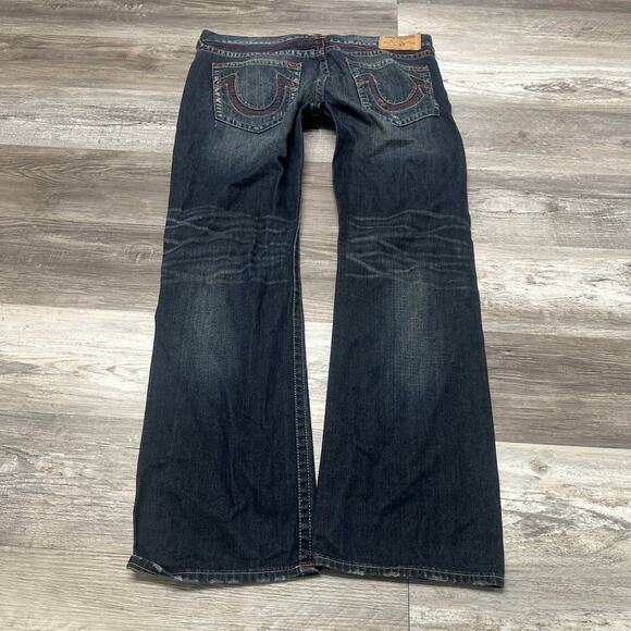 True Religion Dark Faded‎ Blue Mens 38 Distressed Straight Jeans Cybergrunge Y2K - Picture 3 of 12